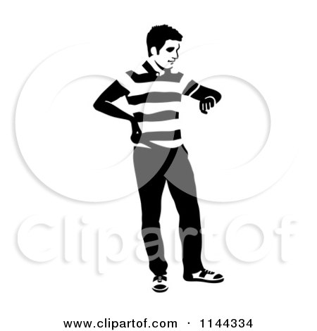 Clipart of a Black and White Young Man Waiting and Impatiently Checking His Watch - Royalty Free Vector Illustration by Frisko