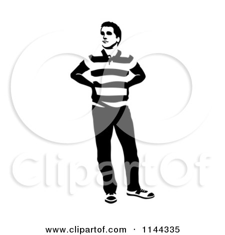 Clipart of a Black and White Young Man Standing and Waiting 4 - Royalty Free Vector Illustration by Frisko