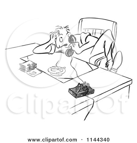 Cartoon of a Black and White Stressed Man Talking on a Phone at a Desk with a Burning Cigarette in an Ash Tray - Royalty Free Vector Clipart by Picsburg