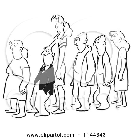 Cartoon of a Black and White Man Leaning Back Against a Womans Chest While Standing in Line - Royalty Free Vector Clipart by Picsburg
