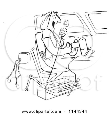 Cartoon of a Black and White Female Airplane Factory Worker Playing in a Cockpit - Royalty Free Vector Clipart by Picsburg