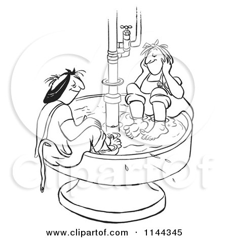 Cartoon of Black and White Worker Women Soaking Their Feet in a Hot Water Bin - Royalty Free Vector Clipart by Picsburg