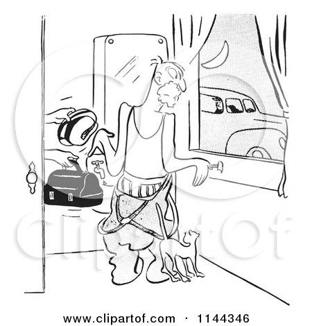 Cartoon of a Black and White Man Shaving While His Wife Hands Him His Lunch and His Car Pool Ride Waits - Royalty Free Vector Clipart by Picsburg