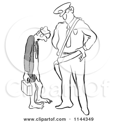 Cartoon of a Black and White Security Guard Staring down a Man Who Forgot His Pants - Royalty Free Vector Clipart by Picsburg