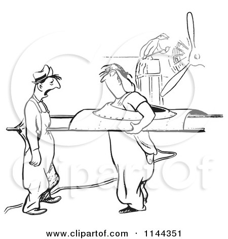 Cartoon of a Black and White Female Airplane Factory Worker Poking a Coworker with a Part - Royalty Free Vector Clipart by Picsburg