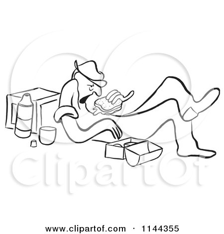 Cartoon of a Black and White Unenthused Man Eating a Sandwich on His Lunch Break - Royalty Free Vector Clipart by Picsburg