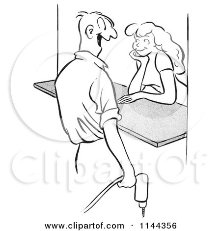 Cartoon of a Black and White Male Worker Flirting with a Woman at a Counter - Royalty Free Vector Clipart by Picsburg