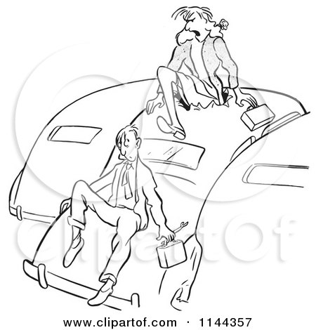Cartoon of a Black and White Angry Woman Yelling at a Man for Parking Too Close to Other Cars and Climbing out from the Roof - Royalty Free Vector Clipart by Picsburg