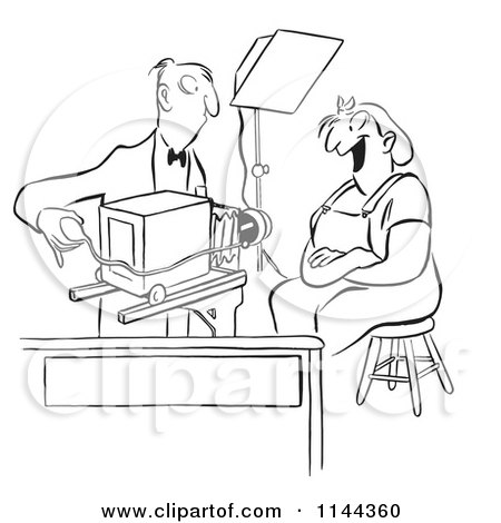 Cartoon of a Black and White Photographer Adjusting His Camera for a Worker Womans Photo - Royalty Free Vector Clipart by Picsburg