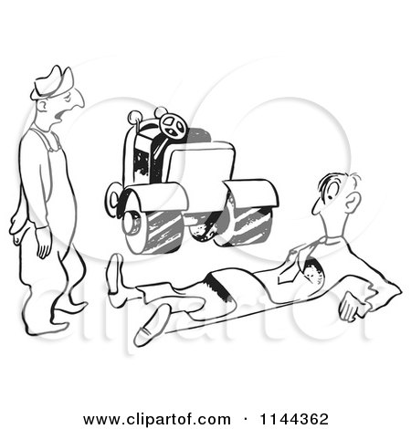 Cartoon of a Black and White Man Squished by a Road Roller - Royalty Free Vector Clipart by Picsburg