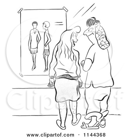 Cartoon of Black and White Frumpy Women Eying a Fashion Poster - Royalty Free Vector Clipart by Picsburg