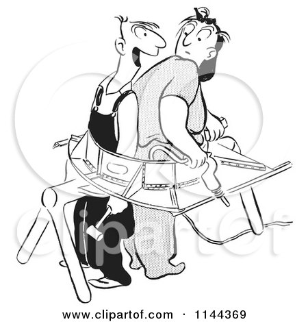 Cartoon of a Black and White Worker Man and Woman Stuck in an Airplane Part - Royalty Free Vector Clipart by Picsburg