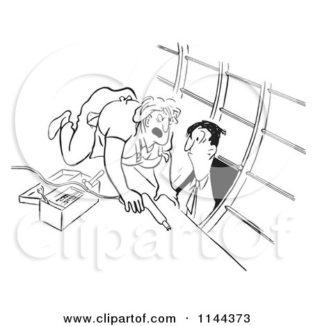 Cartoon of a Black and White Female Airplane Factory Worker Angrily Staring down a Man Peeping Through a Window - Royalty Free Vector Clipart by Picsburg