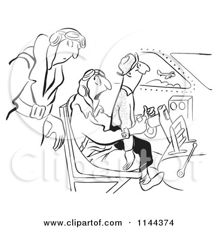 Cartoon of a Black and White Man Sitting on a Pilots Lap - Royalty Free Vector Clipart by Picsburg