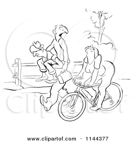 Cartoon of a Black and White Woman Watching a Man Give Another a Piggy Back Ride - Royalty Free Vector Clipart by Picsburg