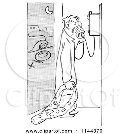 Cartoon of a Black and White Angry Man with a Flat Tire Yelling into a Phone - Royalty Free Vector Clipart by Picsburg