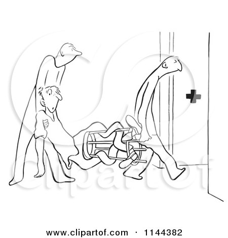 Cartoon of Black and White Men Carrying a Man to the First Aid Office As He Is Stuck in a Stool - Royalty Free Vector Clipart by Picsburg