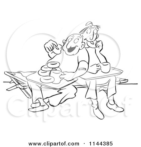 Cartoon of a Black and White Couple Enjoying Donuts and Coffee - Royalty Free Vector Clipart by Picsburg