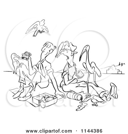 Cartoon of Black and White Birds Surrounding Men on Their Lunch Break - Royalty Free Vector Clipart by Picsburg
