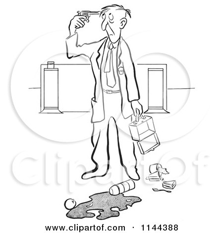 Cartoon of a Black and White Man Holding a Gun to His Head After Spilling His Lunch - Royalty Free Vector Clipart by Picsburg