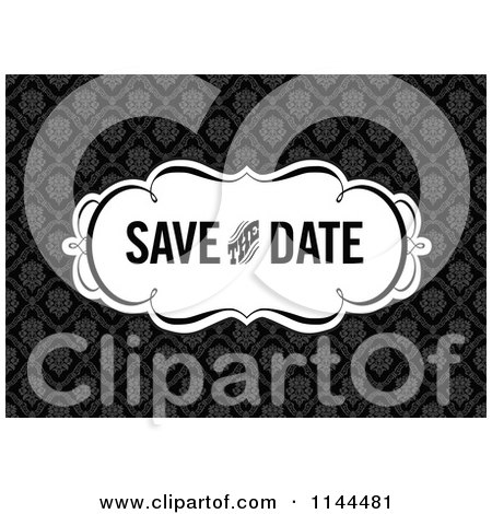 Clipart of a Retro Black and White Save the Date Wedding Damask Design - Royalty Free Vector Illustration by BestVector