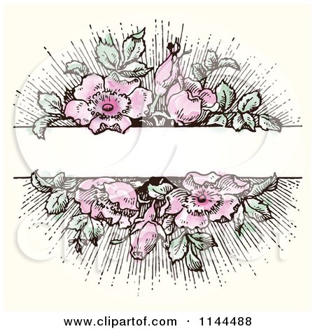 Clipart of a Vintage Pink Flower and Green Leaf Background with Copyspace 2 - Royalty Free Vector Illustration by BestVector