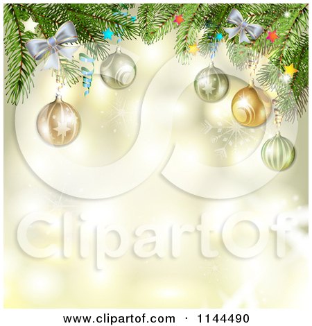 Clipart of a Golden Christmas Background with Baubles on Branches - Royalty Free Vector Illustration by merlinul