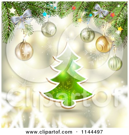 Clipart of a Gold Christmas Background with Branches over a Tree - Royalty Free Vector Illustration by merlinul