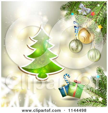Clipart of a Gold Christmas Background with a Tree and Branches - Royalty Free Vector Illustration by merlinul