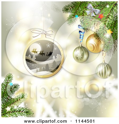 Clipart of a Gold Christmas Background with a Santa Bauble and Tree Branches - Royalty Free Vector Illustration by merlinul