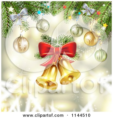 Clipart of a Gold Christmas Background with Bells and Branches - Royalty Free Vector Illustration by merlinul