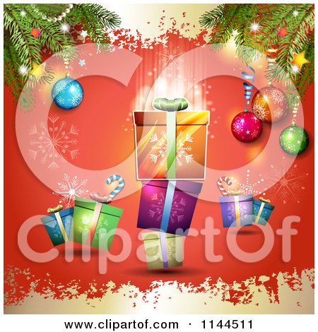 Clipart of a Grungy Red and Gold Christmas Background with Gifts 4 - Royalty Free Vector Illustration by merlinul