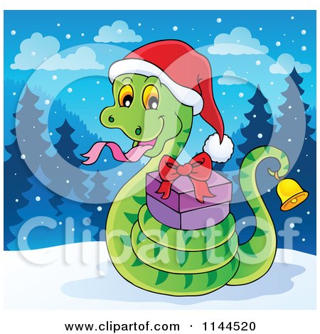 Cartoon of a Cute Christmas Snake Ringing a Bell and Holding a Gift in the Snow - Royalty Free Vector Clipart by visekart
