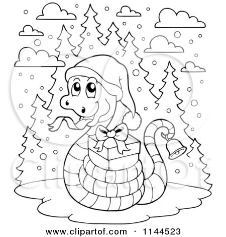 Cartoon of an Outlined Cute Christmas Snake Ringing a Bell and Holding a Gift - Royalty Free Vector Clipart by visekart