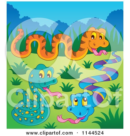 Cartoon of Cute Snakes in a Meadow - Royalty Free Vector Clipart by visekart