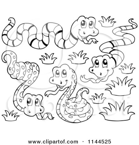 Cartoon of Outlined Cute Snakes with Grass - Royalty Free Vector Clipart by visekart