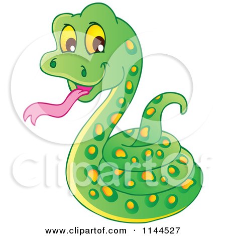 Cartoon of a Cute Coiled Green Snake - Royalty Free Vector Clipart by visekart