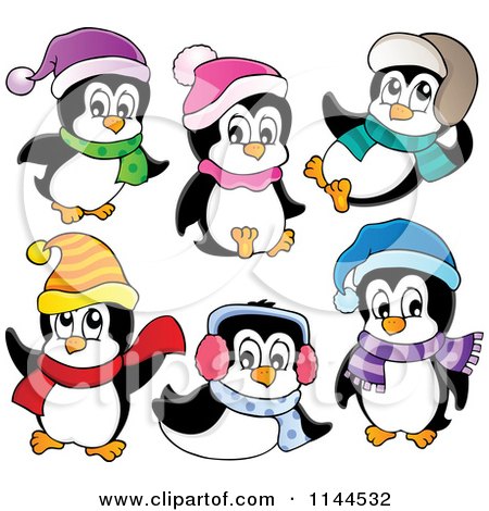 Cartoon of Cute Little Penguins Wearing Scarves Winter Hats and Ear Muffs - Royalty Free Vector Clipart by visekart