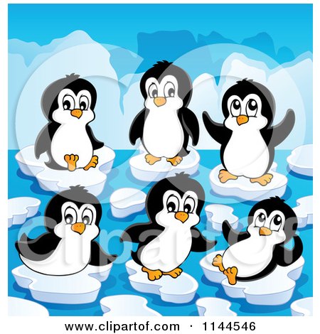 Cartoon of Cute Penguins Playing on Ice Bergs - Royalty Free Vector Clipart by visekart