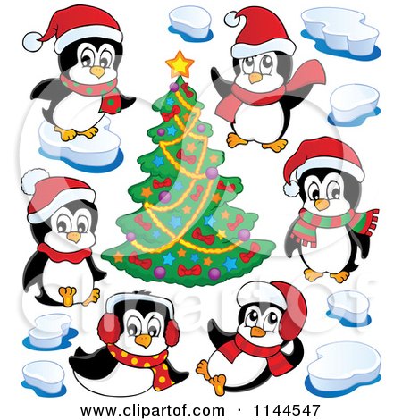 Cartoon of Cute Penguins and Ice Around a Christmas Tree - Royalty Free Vector Clipart by visekart