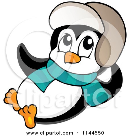 Cartoon of a Cute Little Reclining Penguin Wearing a Scarf and Winter Hat - Royalty Free Vector Clipart by visekart