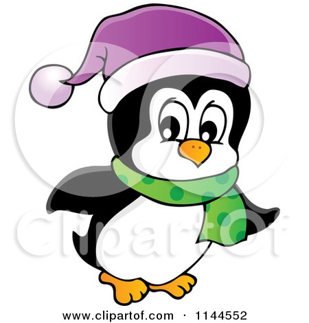 Cartoon of a Cute Little Penguin Wearing a Scarf and Winter Hat 1 - Royalty Free Vector Clipart by visekart