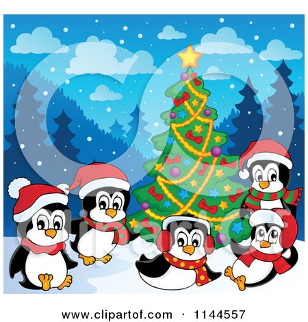 Cartoon of Cute Penguins Playing Around a Christmas Tree - Royalty Free Vector Clipart by visekart