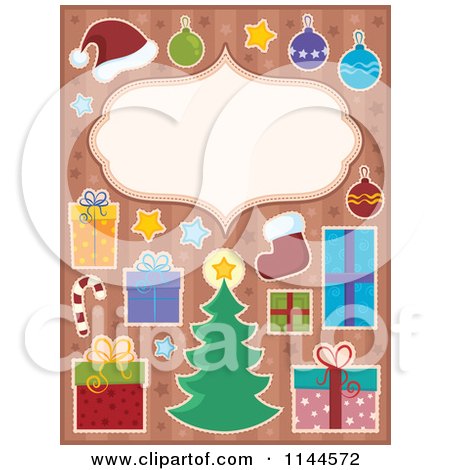 Cartoon of a Christmas Frame Surrounded by Holiday Items on Starry Stripes - Royalty Free Vector Clipart by visekart