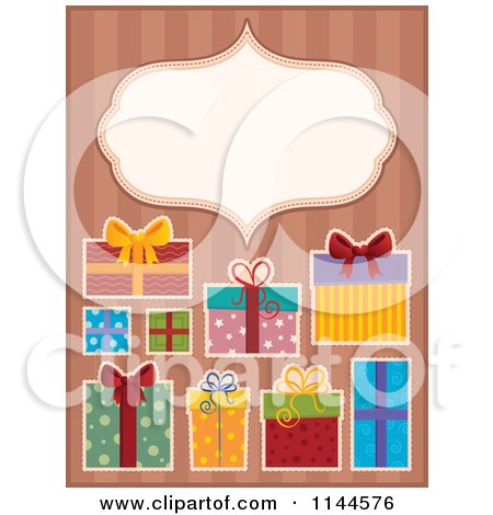 Cartoon of Beautifully Wrapped Gift Boxes and a Frame on Tan Stripes - Royalty Free Vector Clipart by visekart