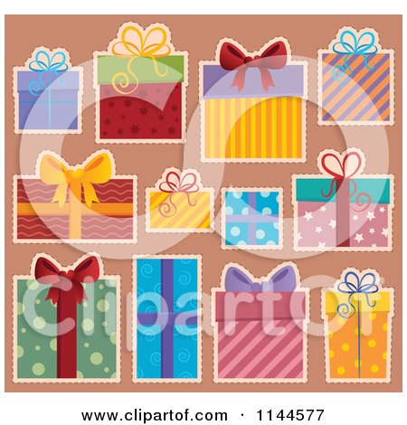 Cartoon of Beautifully Wrapped Gift Boxes over Tan - Royalty Free Vector Clipart by visekart