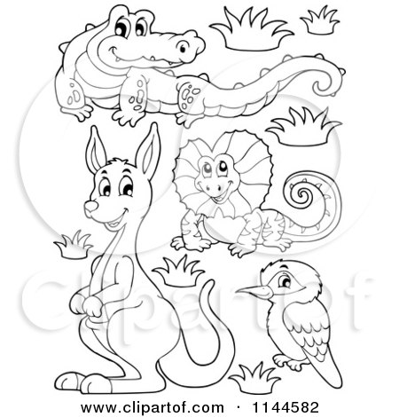 Cartoon of a Cute Black and White Aussie Crocodile Frilled Lizard Kangaroo and Kookaburra with Plants and Boulders - Royalty Free Vector Clipart by visekart