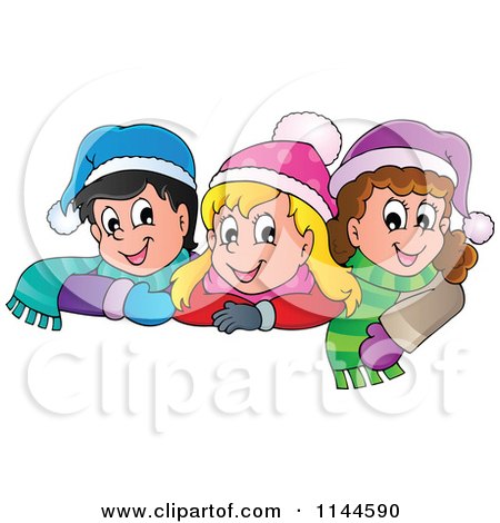 Cartoon of Happy Winter Christmas Children with Hats and Scarves - Royalty Free Vector Clipart by visekart