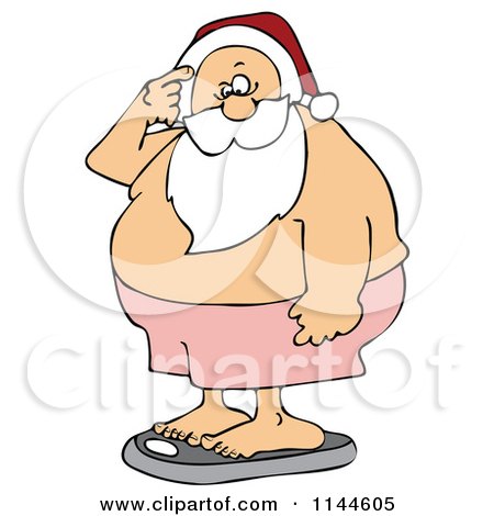 Cartoon of Santa Scratching His Head and Standing on a Scale - Royalty Free Vector Clipart by djart