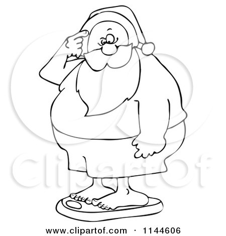 Cartoon of a Black and White Santa Scratching His Head and Standing on a Scale - Royalty Free Vector Clipart by djart